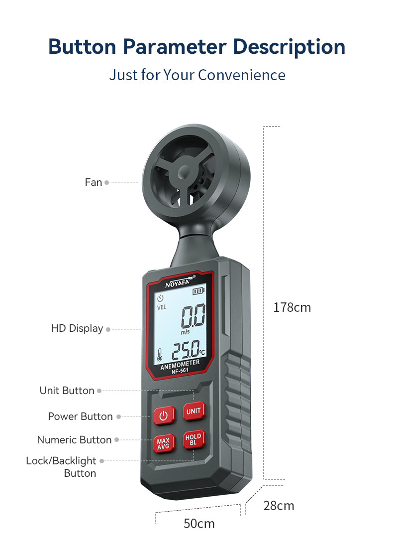 NOYAFA NF-561 Mini Digital Anemometer With Real-Time Wind Speed/Temperature, Wide Speed Range, Unit Switching, Back Light