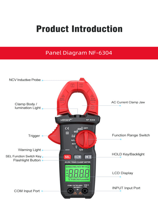 Noyafa NF-6304 AC/DCクランプマルチメーター - 抵抗、周波数、デューティ無線、静電容量、ダイオード、NCV、およびポータブルAC/DC電圧および自動レンジとデータ保持機能を備えた電流テスター