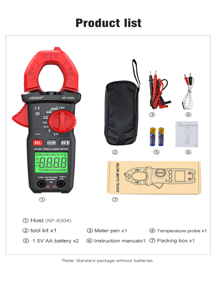 Noyafa NF-6304 AC/DCクランプマルチメーター - 抵抗、周波数、デューティ無線、静電容量、ダイオード、NCV、およびポータブルAC/DC電圧および自動レンジとデータ保持機能を備えた電流テスター